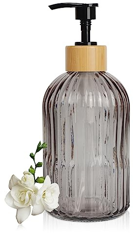 Topsky Glass Soap Dispenser with Wooden Hoop Pump 400ml Translucent Black | Liquid Hand Soap Dispenser with Rustproof Pump for Kitchen & Bathroom, Great for Lotions, Essential Oil, Liquid Soaps