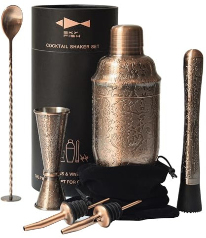 SKY FISH Set di Shaker per Cocktail | Kit da Barman da 6 Pezzi con Design in Rilievo 3D | Set Professionale per la Preparazione di Cocktail | Rame Anticato, Lavaggio Mano