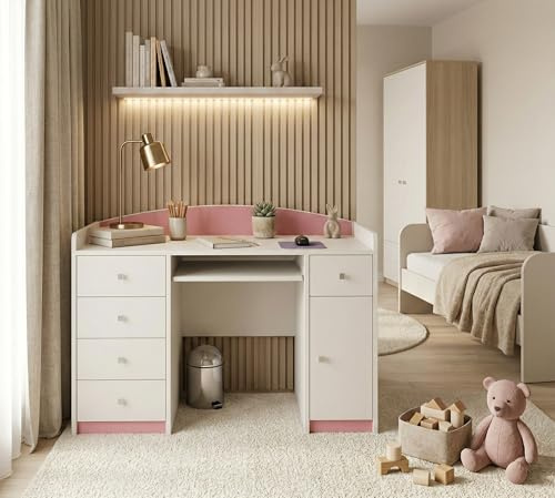 Happy Babies Computertisch mit Tastaturablage, Bürotisch mit Tastaturablage, 5 Schubladen, 1 Ablage, 125x89x60, Motive, Aufkleber zur Auswahl, Kinder und Jugendzimmer - Rose (Bez motywu)