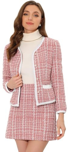 Allegra K Women Business Suit Set Plaid Tweed Jacket Crop Blazer Mini Skirt | Cropped Style, Contrast Velvet Trims, Pearl Buttons, Interview Outfit