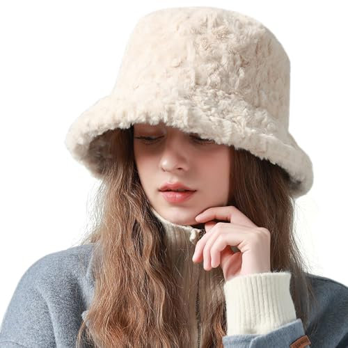 Laxier Damen Winter Fuzzy Faux Fur Bucket Hat Slouchy Warmer Fisherman Hüte für Frauen Weiche Flauschige Warme Kappe, 3188-Beige, Einheitsgröße