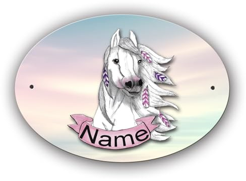 Maus-Design Türschild personalisiert mit Name und Schriftartwahl, Pferd | 12,7 x 8,8 x 0,2 cm, 2 Bohrungen, Kunststoff, oval