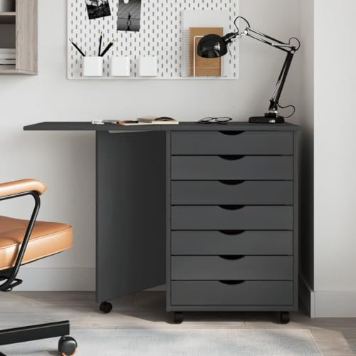 Homgoday Rollschrank mit Schreibtisch Rollcontainer Schubladenschrank Aktenschrank Bürocontainer Schubladenkommode für Arbeitszimmer Schlafzimmer Büro Grau Massivholz Kiefer