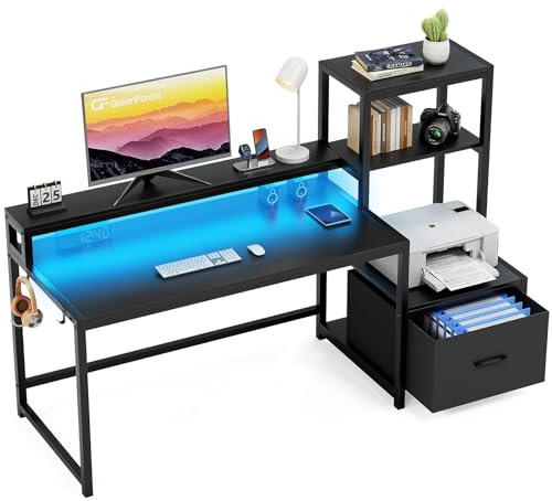 GreenForest Computer Schreibtisch mit Schublade und Drucker Regal, Reversible 150 cm Home Office Schreibtisch mit LED-Leuchten, Monitorständer und Haken für Studie Gaming Arbeiten,Schwarz