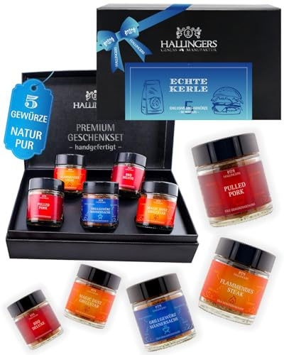 Hallingers Genuss Manufaktur Gewürz Geschenk-Set - 5 Gewürze aus aller Welt in wertiger Geschenkbox mit Rezept-Booklet Echte Kerle, Geschenkidee für Männer Freund