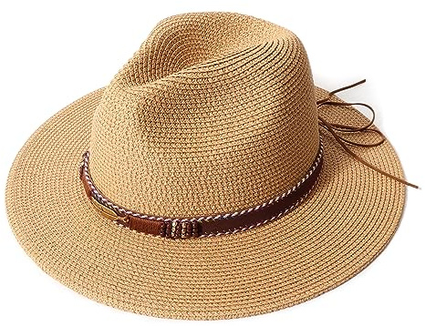DRESHOW Donna Cappello Panama Cappello da Spiaggia in Paglia Fedora Cappello Arrotolato in Paglia a Tesa Larga Cappelli