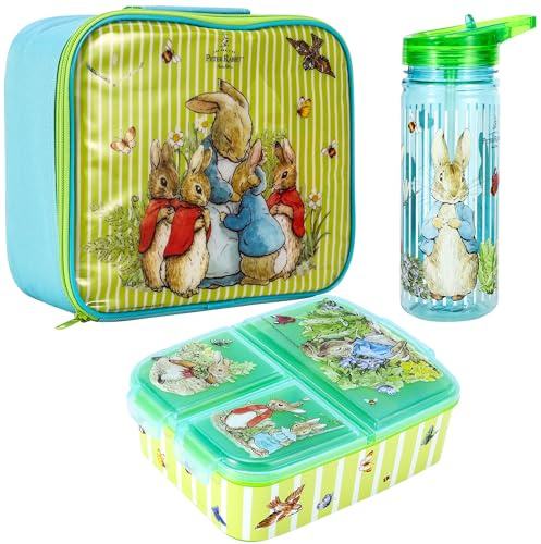 Zawadi Global Peter Rabbit Kids Childrens Lunch Box Set – Insulated Lunch Bag, Multicompartment Lunch Box & 540ml Water Bottle - School Travel Lunch Food Set, BPA Free