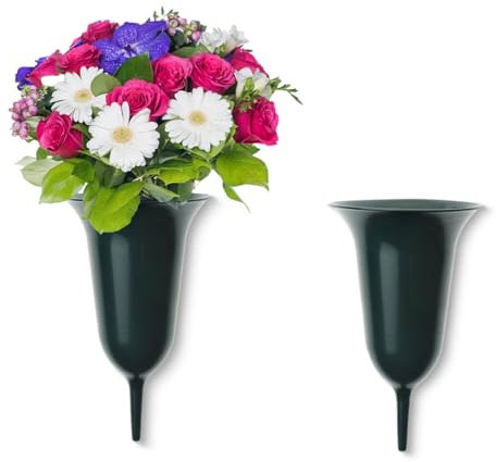 Lot de 2 vases funéraires à planter comme décoration funéraire résistante au gel - 2 vases de cimetière verts de 25 cm - En plastique résistant aux intempéries - Vase à fleurs à piquer