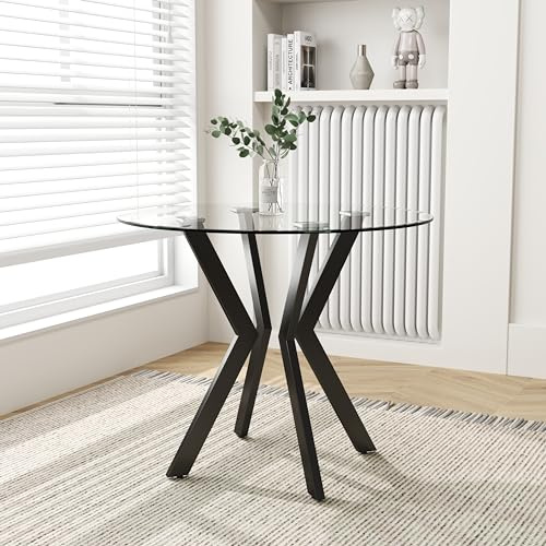 GOLDFAN Round Tempered Glass Dining Table Modern Kitchen Tables with Black Metal Legs 90cm Circle Table for Dining Room Office Lounge,Clear
