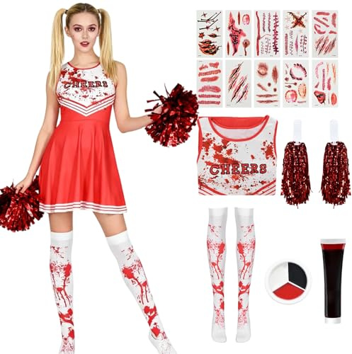 Zombie Cheerleader Costume for Women Girls, Scary Bloody Cheerleading Halloween Outfit High School Horror Dress Accessories