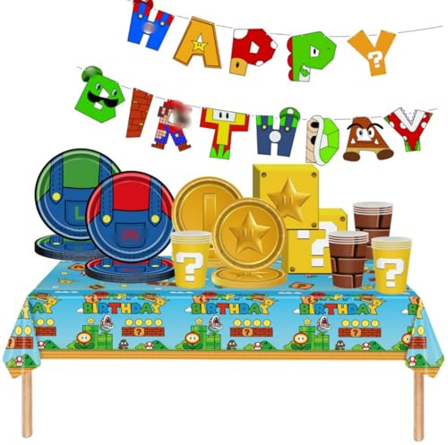 82Pc Super Brother Party Tableware Set,Super Brother Happy Birthday Banner with Napkins Blue Suspenders Pants Paper Plates Cups Tablecloth,Cartoon Theme Dinnerware Kit for Boy Girl Kids Party Décor