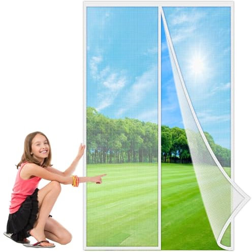 Fiberglas Magnet Fliegengitter Tür 160x170 cm, Magnetvorhang Insektenschutz Balkontür, Kratzfest Stärkere Magneten Fliegenvorhang für Garage Tür Gartenhaus Terrassentür Weiß, Verstärkte