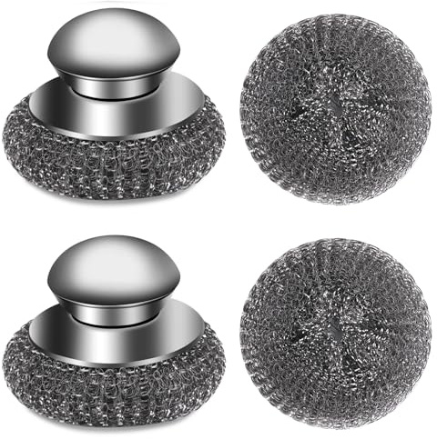 4pcs Steel Wool Scrubber with Replacement Wire Sponge Pads Set, Stainless Steel Scrubber with Handle for Scouring Stubborn Messes from Cast Iron, Pots, Pans, Grill, Stoves, Sink(2 Scrubber+2 Pads)