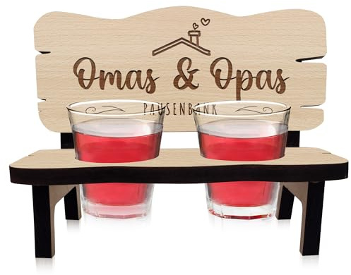 Schnapsbank mit Gravur für Oma und Opa als Weihnachtsgeschenke, Schnapslatte mit 2 Gläsern, Pausenbank für Großeltern, Sinnvolle Geschenke für Oma Opa(Dach)