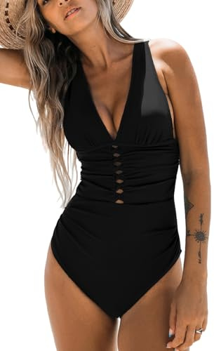 CUPSHE Damen Badeanzug V Ausschnitt Twisted Cutouts Bauchweg Raffung Tiefer Rückenausschnitt Lace Up Einteilige Bademode Swimsuit Schwarz M