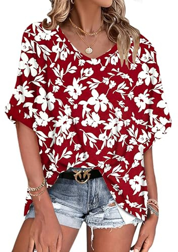 WNEEDU Oversize t-shirt damer sommar v-ringad topp damer kortärmade toppar sommar blus skjorta lös lätt och luftig, Röd vit blomma, M