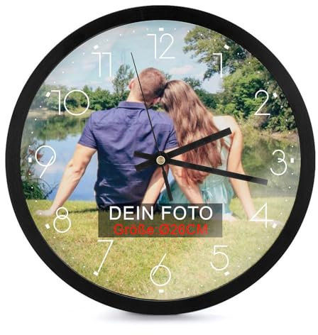 Aiszil Wanduhr Mit Bild Personalisiert Foto/Logo/Text, 25cm Ø, Fotogeschenke, Uhr zum selber gestalten, Uhr mit Bild, schwarz Zeiger, Aus Kunststoff, für Wohnzimmer Küche,Rund(weiße-Schrift)