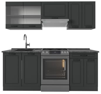 Vicco Küchenzeile R-Line, Anthrazit Landhaus/Anthrazit, 200 cm | 5 Module · Höhenverstellbare Füße · AP Anthrazit inkl. · MDF-Fronten · Mit Glasschrank · Frei kombinierbar