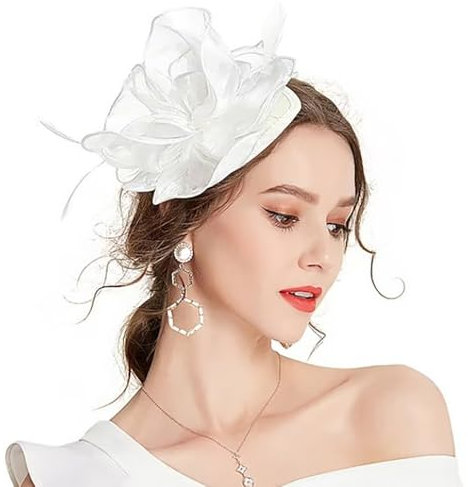 BrightGlow Frauen Fascinators Hut Vintage Schleier Hut Pillbox Hut mit Stirnband und Clip Tea Party Kopfbedeckung Elegant Braut Kopfschmuck Fascinator-Hüte für Party weiß#36 Einheitsgröße