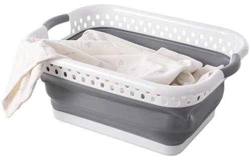 Vencier 45L Collapsible Laundry Basket – Foldable Plastic Hamper with Comfort Grip Handles, Ventilated Design & Space-Saving Storage – Portable Clothes Bin for Home, Dorm & Travel – Grey/White