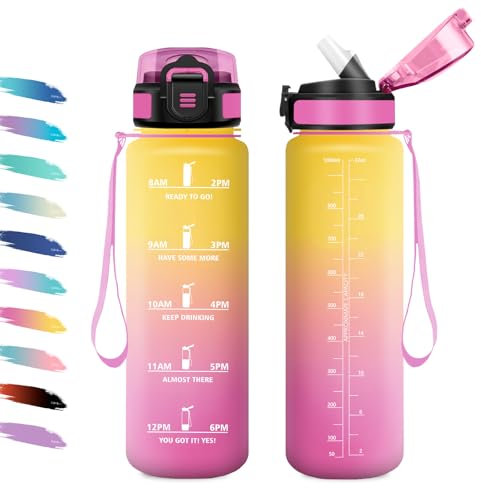 Borraccia Sportiva 1L, Borraccia con Cannuccia, a Prova di Perdite, Facile Pulizia, Bottiglia Acqua Motivazionale con Indicatore del Tempo, per Campeggio, Ciclismo, Scuola, Ufficio, Lavoro, Gym