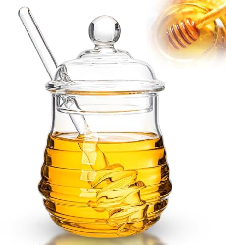 L0famy 280ml Honey Pot, Glass Honey Jar with Dipper and Lid, Clear Honeys Pot and Spoon, Thickening High Borosilicate Glass Dispenser, Container for Kitchen, Elegant Crystal Jars for Honeys and Jam
