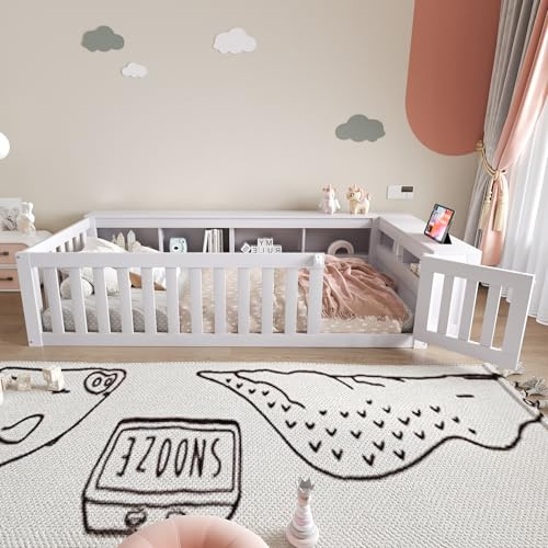 Kinderbett 90x200 mit Stauraum und Sicherheitstür, Montessori Bodenbett mit Lattenrost, Massivholzbett, Einzelbett für Jungen und Mädchen, weiß