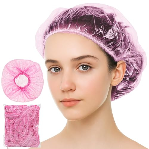 100 Stück extra große Einweg-Duschhauben – elastische und wasserdichte Kunststoffkappen für Bad, Haarpflege und Reisen – Unisex, recycelbar – Pink