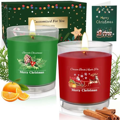 Lot de 2 bougies parfumées en verre, 2 x 320 g Pour Noël Aromathérapie Bougie de Noë, Bougies parfumées au soja naturel - Coffret cadeau pour femme, maman et homme, Cadeau d'anniversaire
