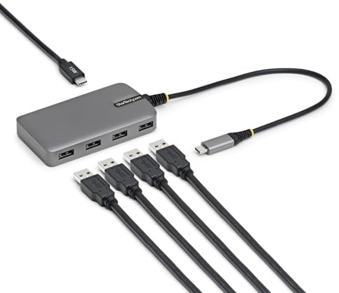 StarTech Hub USB-C de 4 Puertos 5Gbps con 4X USB-A (5G4AC-USB-C-HUB) | Divisor de periféricos heredados, Entrada auxiliar de 15W, Extensor para portátil