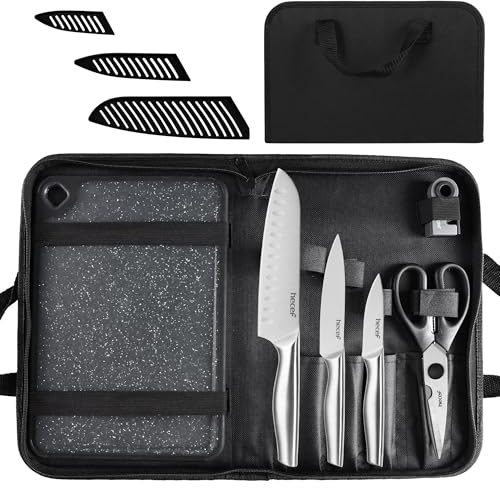 hecef 10-in-1 Portable Kitchen Knife Set with Heavy Duty Knife Bag & Reversible Chopping Board, Scissor- 3pc Stainless Steel Knives with Sheaths for Camping, RV, BBQ & Outdoor Picnic