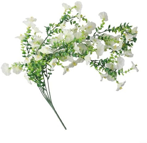 Jonikuper Künstliche hängende Morning Glory Blumen mit Eukalyptusblättern, lebensechte Kunst-Gartendekoration für Wände, Zäune, Türen, Hochzeiten und Veranstaltungen, 75 (weiß)