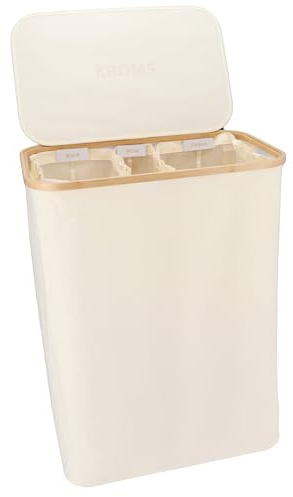KROMS Wäschekorb mit Deckel 160L - Beige - Wäschekorb 3 Fächer - Wäschesortierer 3 Fächer - Korb mit Deckel
