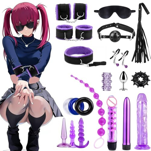 Oziral Kit de bondage y sujeción de 20 piezas. Juguetes sexuales para parejas y mujeres, accesorios de bondage y sujeción para el dormitorio, color negro y morado.