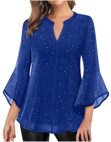 Generiska glitter toppar damer 3/4 ärm blus elegant paljetter tunika festlig blusskjorta nättröja enfärgad t-shirt nyårsafton outfit lätt och luftig t-shirt mode blus topp lång blus, blå, M