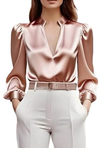 Blusa de seda satinada para mujer, cuello en V, color liso, elegante, de manga larga, para oficina, trabajo, elegante, clásica, básica, para otoño, ajuste holgado, cómoda, Rosa1, XXL