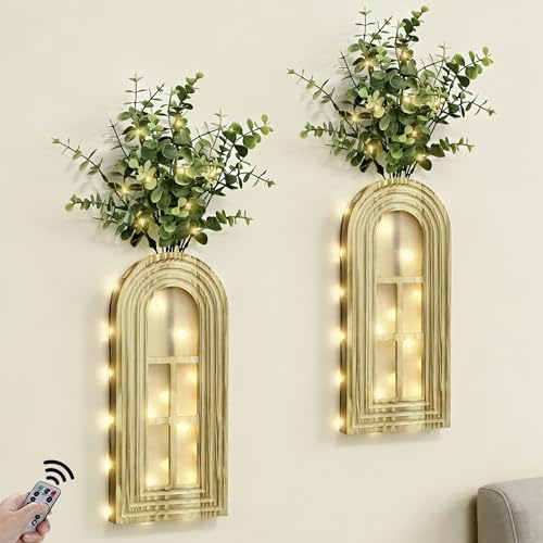 HOMECOR Hanging Wooden Vase Wall Decor - Brown Finish Boho & Modern Farmhouse Decor with Fairy Lights & Artificial Plants, Wall Art for Living Room, Bedroom, Bathroom Mothers Day Home Decor Gift