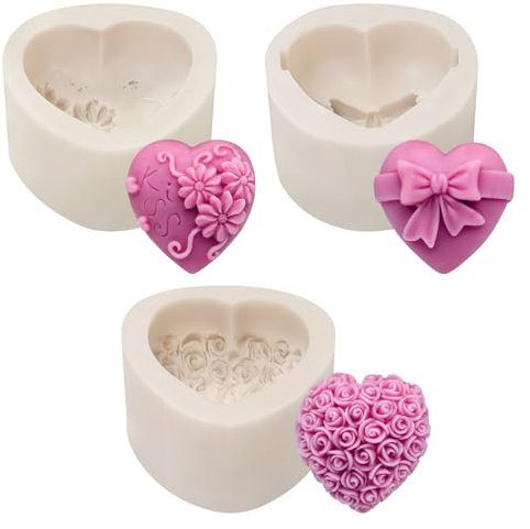 3 Stück 3D Herz Silikonform Hochzeit Kuchenform,Silikonform Herz mit Blumen | 3D-Herzform Rosenform für Seife, Herzs Silicone Mold für Kuchen Seifen für Seife, Kerzen, Duftkerzen, Schokolade, Mousse