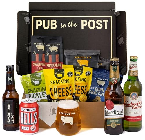 Serious Pig Beer Gift Set with 4 Lagers, 10 Pub Snacks, Glassware, Hawkstone, Camden Town, Pilsner Urquell, Budvar, 15 Pack