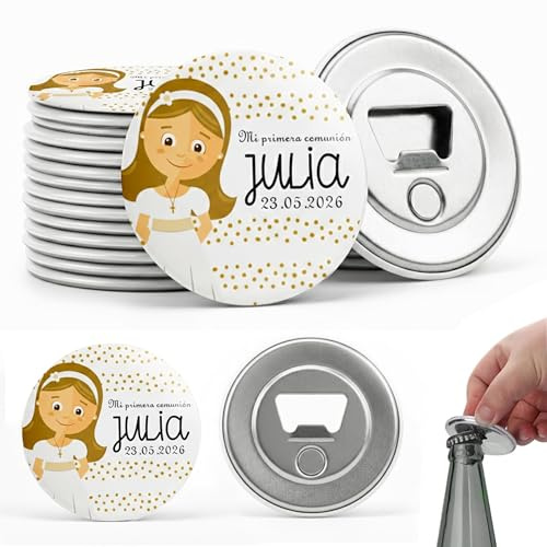 MISS CHAPAS | Pack 20 Abridores Magnéticos Personalizados para Comunión | Ilustración de Niña, Nombre y Fecha – Detalle Invitados Primera Comunión | Recuerdo Original y Útil | Presentación Individual