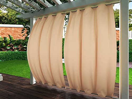 Clothink Outdoor Vorhänge Wasserfest Sonnenschutz Winddicht Rostfrei Schnelltrocknend mit Ösen für Terrasse Garten Balkon Familienhaushalte einfache Montage farbecht haltbar(132x215cm, 1 Stück, Beige)