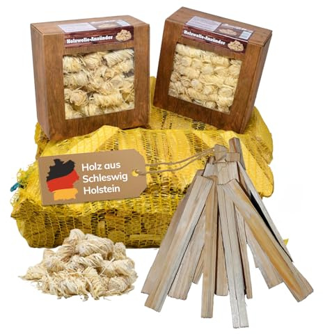 Landree Anfeuerholz-Spar-Set, 6 kg + 130 Stück Holzwolle Anzünder und Anmachholz, Holzwolle für Kamin, Ofen, Kaminofen, Grill und Smoker, nachhaltige Qualität aus Schleswig Holstein