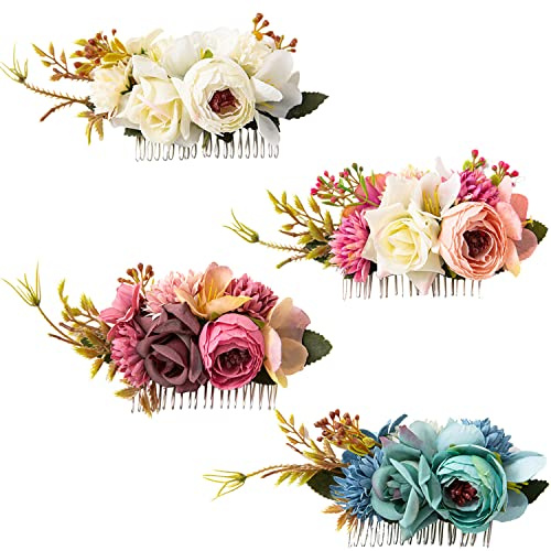 Cinaci Set mit 4 Metall-Haarnadeln mit künstlichen Blumen für Hochzeit, Chignon, Haaraccessoires für Damen, Mädchen, Bräute, Brautjungfern