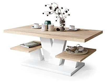 All4All Couchtisch Valerio - Wohnzimmertisch - Kaffeetisch – Tisch mit Ablagen - Esszimmertisch - Coffee Table - 110x60cm - 05 - Sonoma Eiche + Weiß