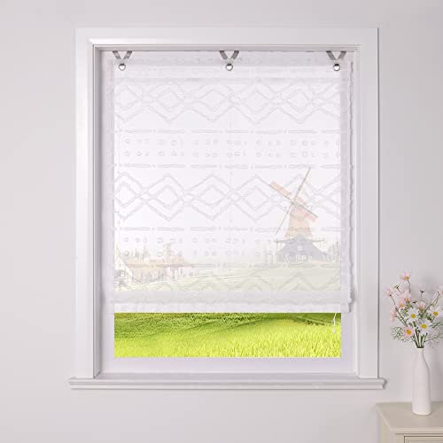 CORLIF Raffrollo Getuftet Boho Raffgardinen Geometrische Gardinen Küche Transparente Ösenrollo Modern Rollos für Fenster ohne Bohren mit Hakenaufhängung Weiß BxH 80x130 cm 1 Stück