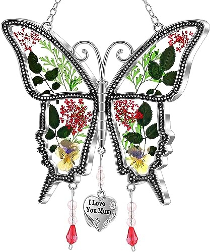 Charfia Butterfly Garden Mom Gifts for Birthday, Mother's Day, Christmas, Hanging Wind Chime with Pressed Flower, I Love You Mom