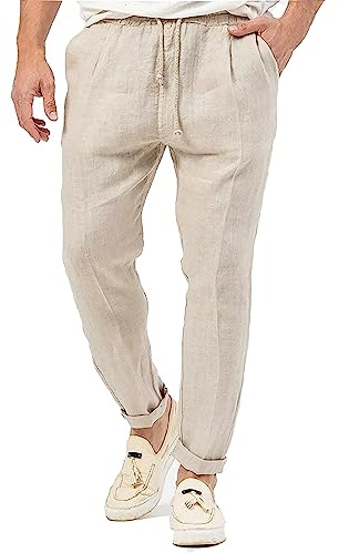 Evoga Pantaloni Uomo in Lino sartoriali Estivi Slim Fit pantalacci Casual Traspirante (52, Beige)