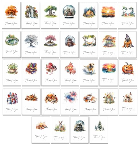 32 Dankeskarten mit 32 verschiedenen Designs auf der Vorderseite mit braunen Umschlägen aus Kraftpapier (vier Jahreszeiten)