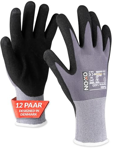 OX-ON FLEXIBLE SUPREME 1600 Arbeitshandschuhe Gr.13 I 12 Paar atmungsaktive Schutzhandschuhe mit Nitrilbeschichtung I Graue Mechanikerhandschuhe mit hohem Tastgefühl & Grip I EN Zertifizierung