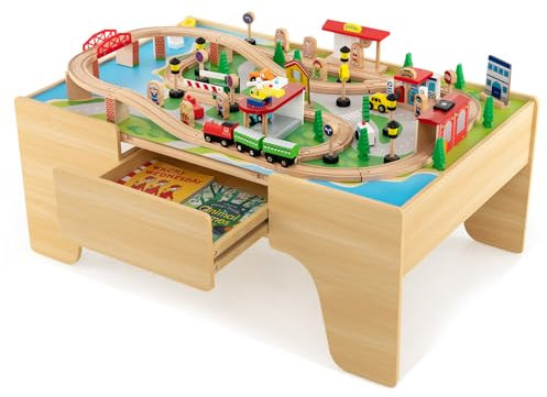 COSTWAY 84-teiliges Kinder Eisenbahn Set, Spieltisch aus Holz mit umkehrbarer & abnembarer Tischplatte und Schublade, Holzeisenbahn Zug Spielzeug für Kinder ab 3 Jahre (84 teilig)